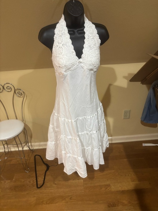 B Darlin Dresses & Skirts - Y2K B Darlin White Crochet Halter Mini Dress Fairycore Ren Fair Boho